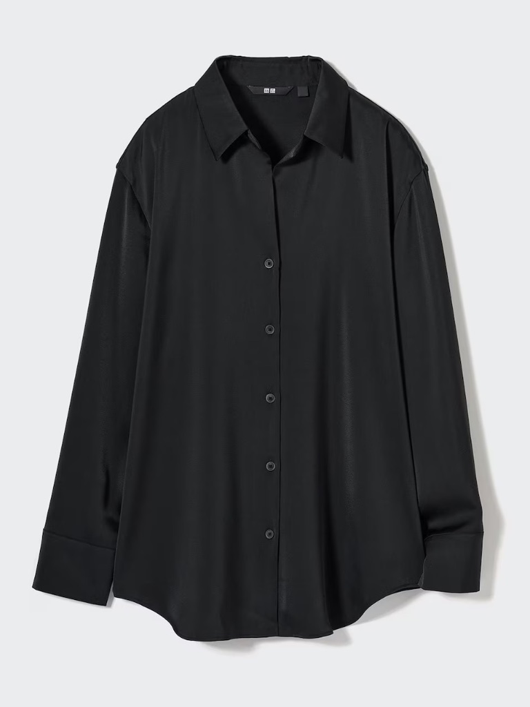 Uniqlo Satin Button Down Blouse - Black - Xs